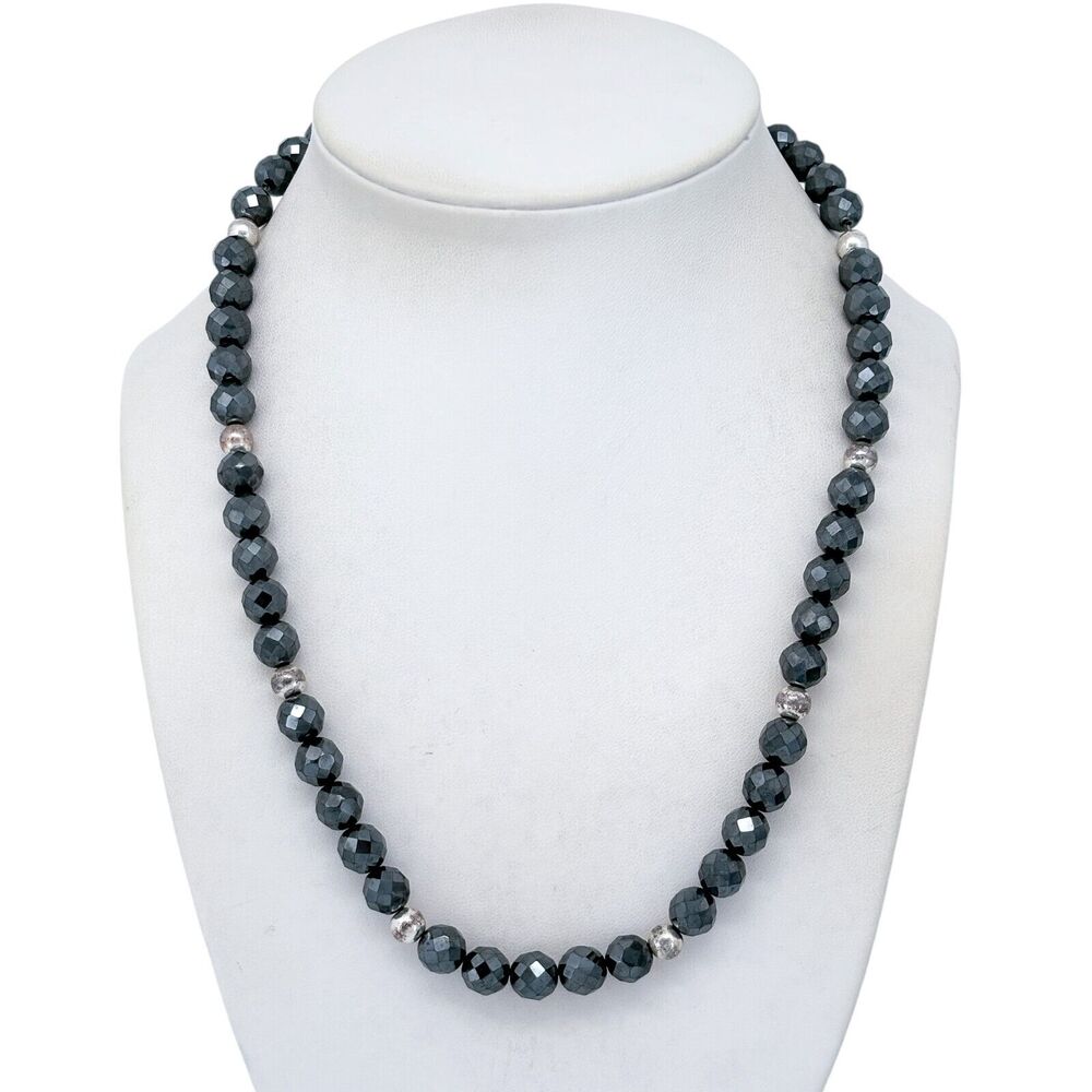 Vintage Hematite Sterling Silver 925 Beaded Necklace 16"-18.5"